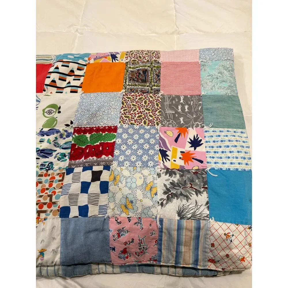 Handmade vintage-style Patchwork quilt Multi-Color Postage Stamp style Cottage